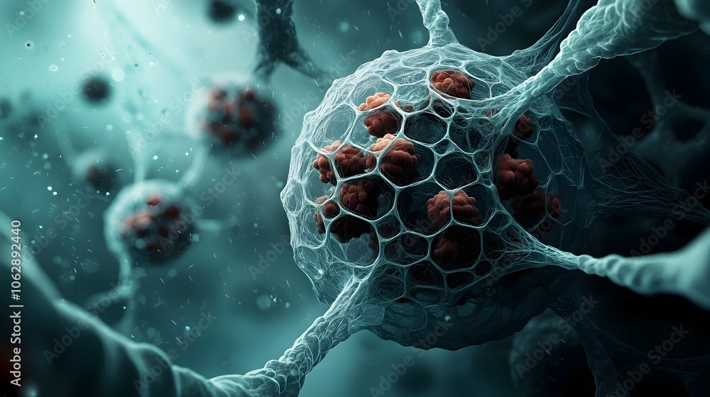 Poster ethereal and transparent molecular structure intricate interconnected spherical forms displaying flu