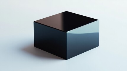 A metallic black box with sharp reflections, placed at an angle on a clean white background 