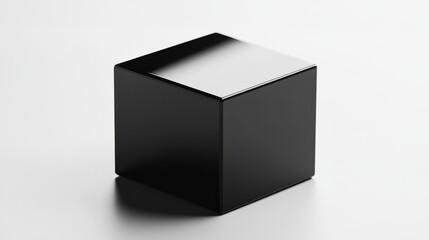 A metallic black box with sharp reflections, placed at an angle on a clean white background 