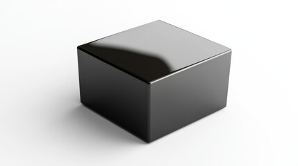 Naklejka premium A metallic black box with sharp reflections, placed at an angle on a clean white background 