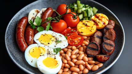Plate of assorted breakfast foods including grilled sausages, roasted tomatoes, cucumbers, hard-boiled eggs, baked beans, and garnished with fresh parsley leaves.