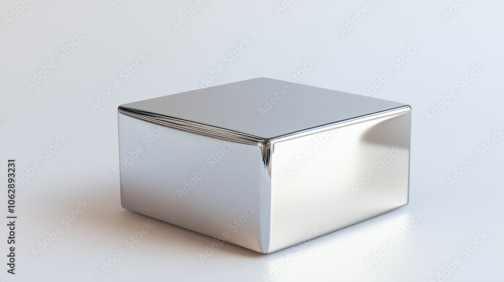 Poster a metallic silver box with sharp edges and reflections of light, displayed on a white background