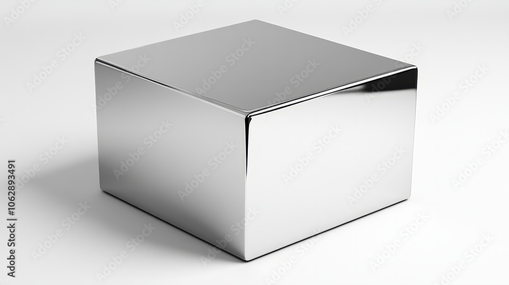 Poster a metallic silver box with sharp edges and reflections of light, displayed on a white background