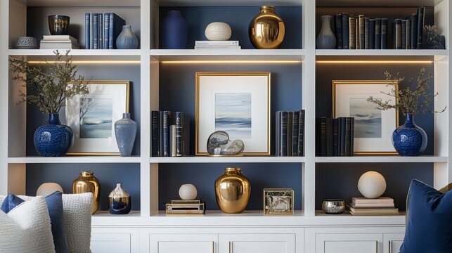 Close-Up Zoom Virtual Background with Beautiful Blue Modern Home Office Wall Shelving: Steady, Composed, Luxurious and Classic Cozy Interior Living Room Backdrop for Virtual Meetings