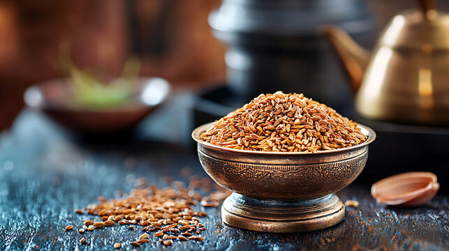 Discover the rich texture of cumin seeds piled on rustic table