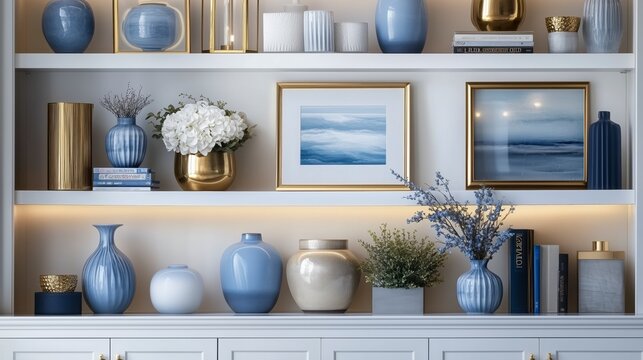 Close-Up Zoom Virtual Background with Beautiful Blue Modern Home Office Wall Shelving: Steady, Composed, Luxurious and Classic Cozy Interior Living Room Backdrop for Virtual Meetings