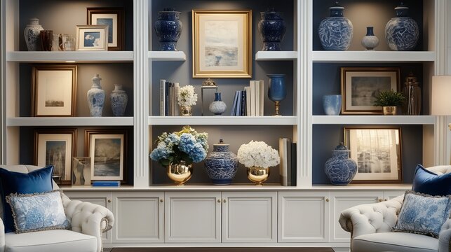 Close-Up Zoom Virtual Background with Beautiful Blue Modern Home Office Wall Shelving: Steady, Composed, Luxurious and Classic Cozy Interior Living Room Backdrop for Virtual Meetings