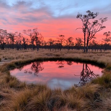 A serene pond reflects the vibrant hues of a sunrise in a tranquil forest setting.