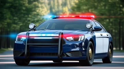 A police car with flashing lights parked on a road, ready for action in a forested area.