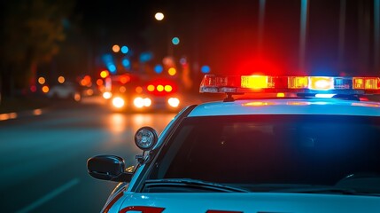 A police car with flashing lights at night, responding to an emergency situation.