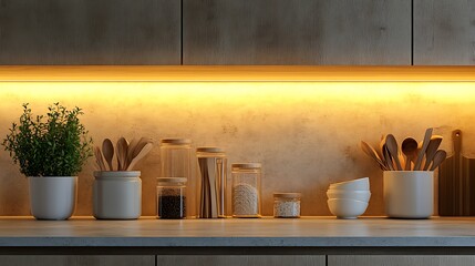 Obraz premium Bright and organized kitchen corner with under-cabinet lighting softly illuminating glass containers, wooden spoons, and neatly stacked utensils for a clean, functional setup. --ar 16:9