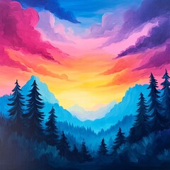 A vibrant sunset paints the sky above a silhouetted mountain range and forest.