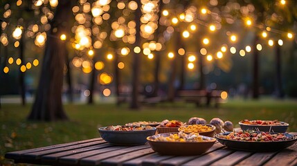A beautifully arranged spread of snacks and appetizers with twilight ambiance.
