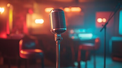 A microphone stand with a retro mic in front of a glowing music recording booth.