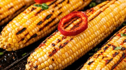 Grilled corn on the cob with chili slice, delicious summer dish, vibrant colors.