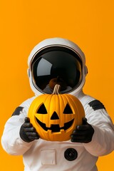 Astronaut holding a jack-o'-lantern pumpkin against an orange background.