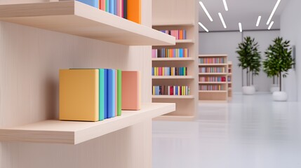 Fototapeta premium Bookshelf in a modern library with colorful books and potted plants.