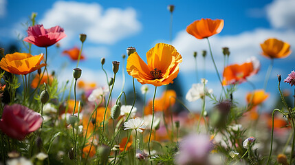 Obraz premium Landscape with nice sunset over poppy field - panorama
