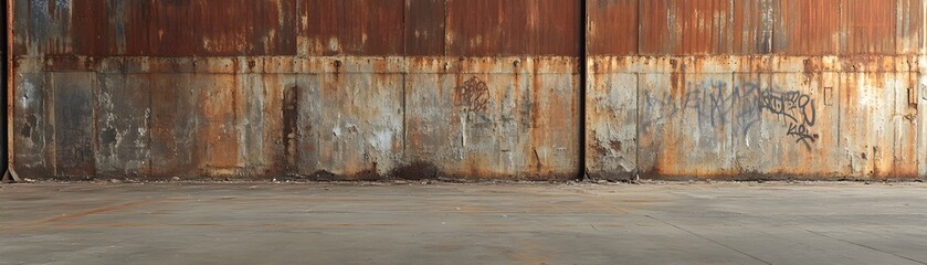 Rusted Metal Wall with Graffiti and Concrete Floor