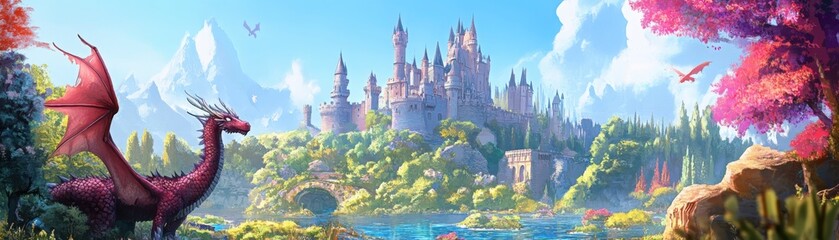 Fototapeta premium Enchanting anime fairy tale scene featuring majestic castles dragons and magical landscapes of wonder