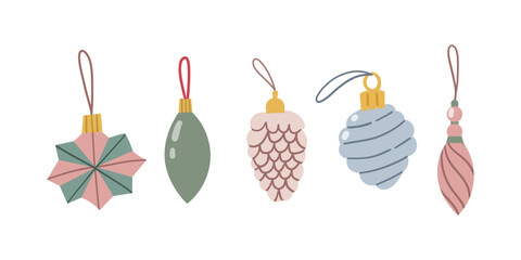 Vector set of Christmas tree ornaments isolated on white background. Colorful retro vintage vivid Christmas balls in red, green, gold , blue and pink colors.