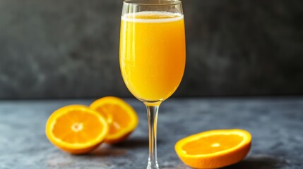 Fototapeta premium A mimosa in a champagne flute with fresh orange slices next to the glass 