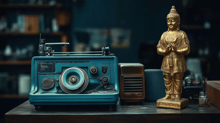 Vintage film projector and golden Buddha statue on wooden table in dimly lit room with blurred...