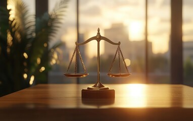A detailed 3D rendering of the scales of justice resting on a sleek wooden table within a contemporary office or courtroom setting