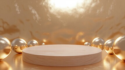 Obraz premium A minimal wooden podium surrounded by gold metallic spheres and gradient lighting. empty podium with golden shapes for christmas products
