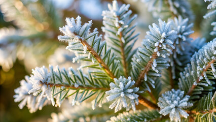 Frost-Covered Coniferous Tree Branches with Warm Lighting