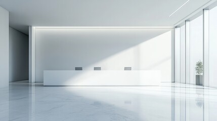 Fototapeta premium A minimalist bank lobby with white walls, polished floors, and a central reception desk. without people