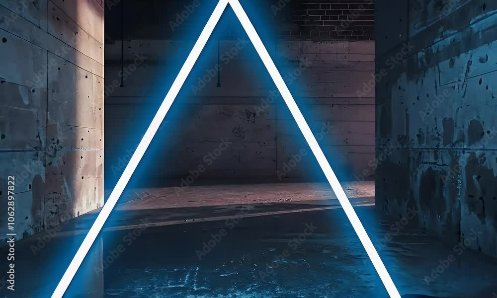 Poster a triangle with glowing edges is placed in the center of an empty room, surrounded by concrete walls