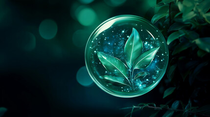 science technological bubbles, cosmetics essence, digital illustration of an abstract, swirling energy sphere with leaves inside,dark green background, science and nature, skincare, 3d rendering