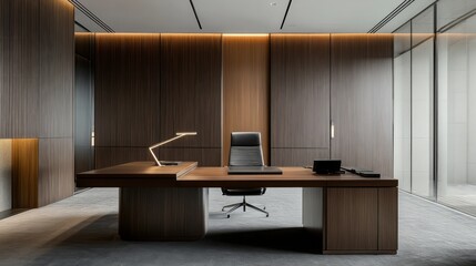 Obraz premium A minimalist bank office with clean lines, glass walls, and a sleek wooden desk