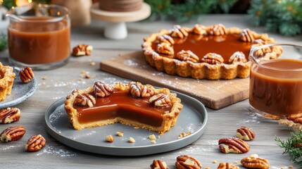 Vivid Photorealistic Image of a Delicious Caramel and Nut Tart Perfect for Dessert Enthusiasts