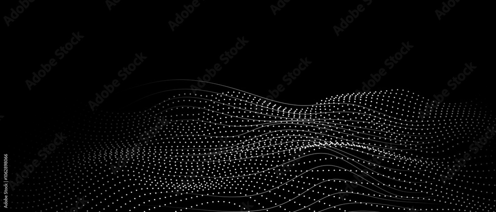 Fototapete Futuristic technology background with particle wave lines on black background