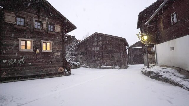 Snowfall At The Town Resort Of Blatten bei Naters In Valais, Switzerland. Static Shot