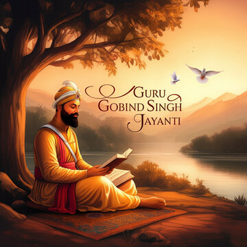Calming artwork of Guru Gobind Singh Ji by a riverside, conveying peace and reflection in nature&rsquo;s embrace