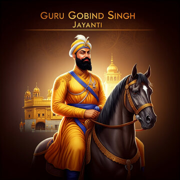 Guru Gobind Singh Ji on horseback, reflecting valor and resilience, key virtues in Sikh history and teachings