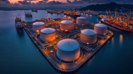 Aerial view of an illuminated industrial oil refinery at night with large storage tanks and cargo ships at the port, surrounded by water and mountains in the background.