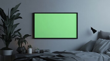 A minimalist black frame with a bright green screen, displayed on a grey concrete wall.