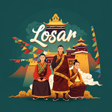 Losar Festival with people dressed in traditional Tibetan attire, celebrating the Tibetan New Year with joy and unity