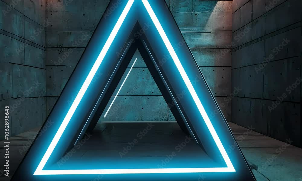 Poster a triangle with glowing edges is placed in the center of an empty room, surrounded by concrete walls