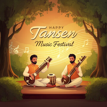 Tansen Music Festival with musicians performing in a serene forest, celebrating classical Indian music and heritage