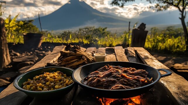 Savoring carnitas against the majestic backdrop of paricutin volcano in michoacan mexico's culinary delight