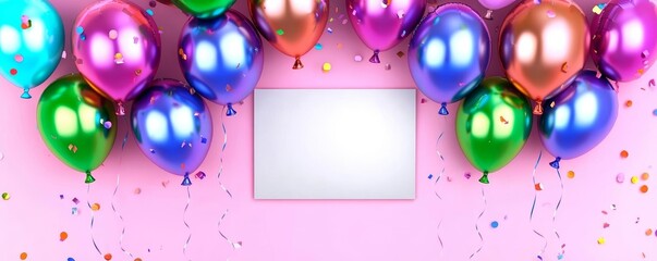 Celebratory balloons with glossy finish, light confetti, empty central area for retirement text, vibrant party theme