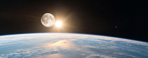 Dramatic depiction of a sunrise from space, featuring the Moon and Earth, viewed from a space station's perspective for a cosmic visual experience