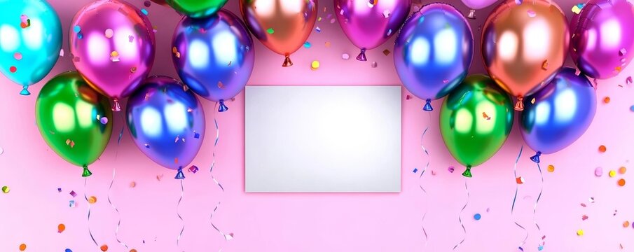 Celebratory balloons with glossy finish, light confetti, empty central area for retirement text, vibrant party theme