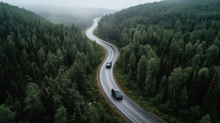 Fototapeta premium Aerial view of two cars driving on a winding road through dense green forest in a foggy landscape