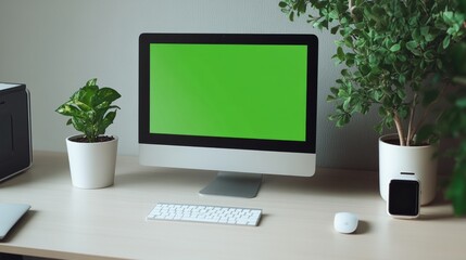 A minimalist desk setup with a smartwatch displaying a green screen, next to a computer mouse. 